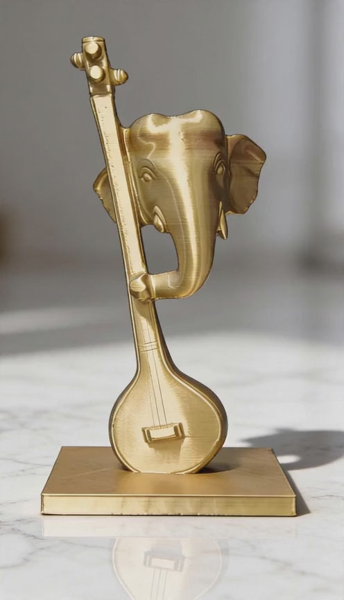 Ganesha Veena Abstract Sculpture — 3D Printed Antique Gold Decorative Art Piece